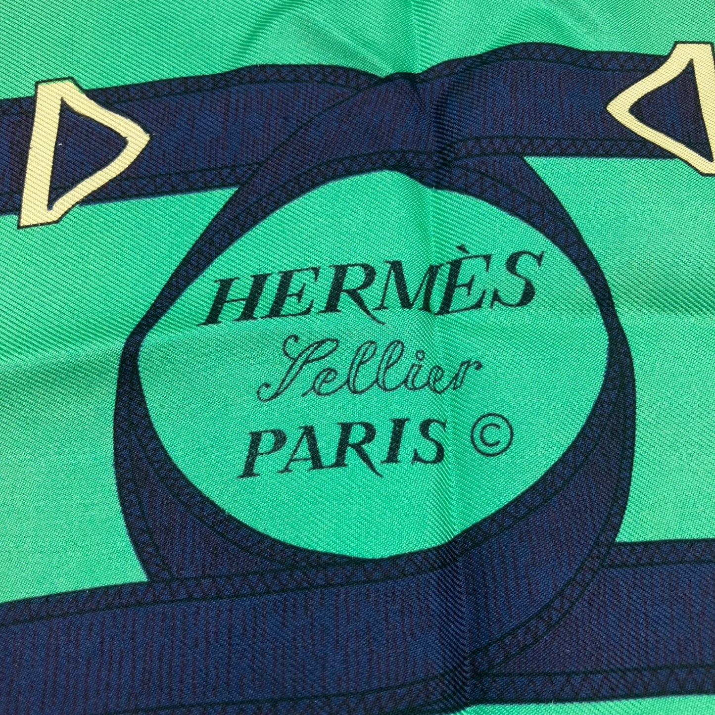 Hermes Large Scarf Shawl Navy Green Pellier Yellow Gold Spurs — view 8