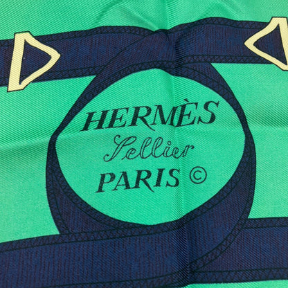 Hermes Large Scarf Shawl Navy Green Pellier Yellow Gold Spurs — view 8
