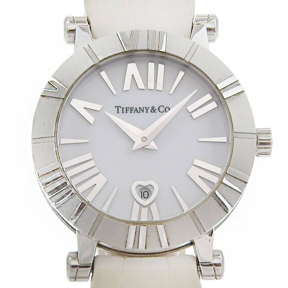 Tiffany & Co Atlas Stainless Steel Leather Silver Kuo Analog Display White Dial