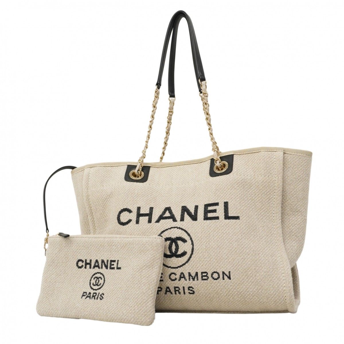 Chanel Tote Deauville Canvas Gray Black Champagne Gold