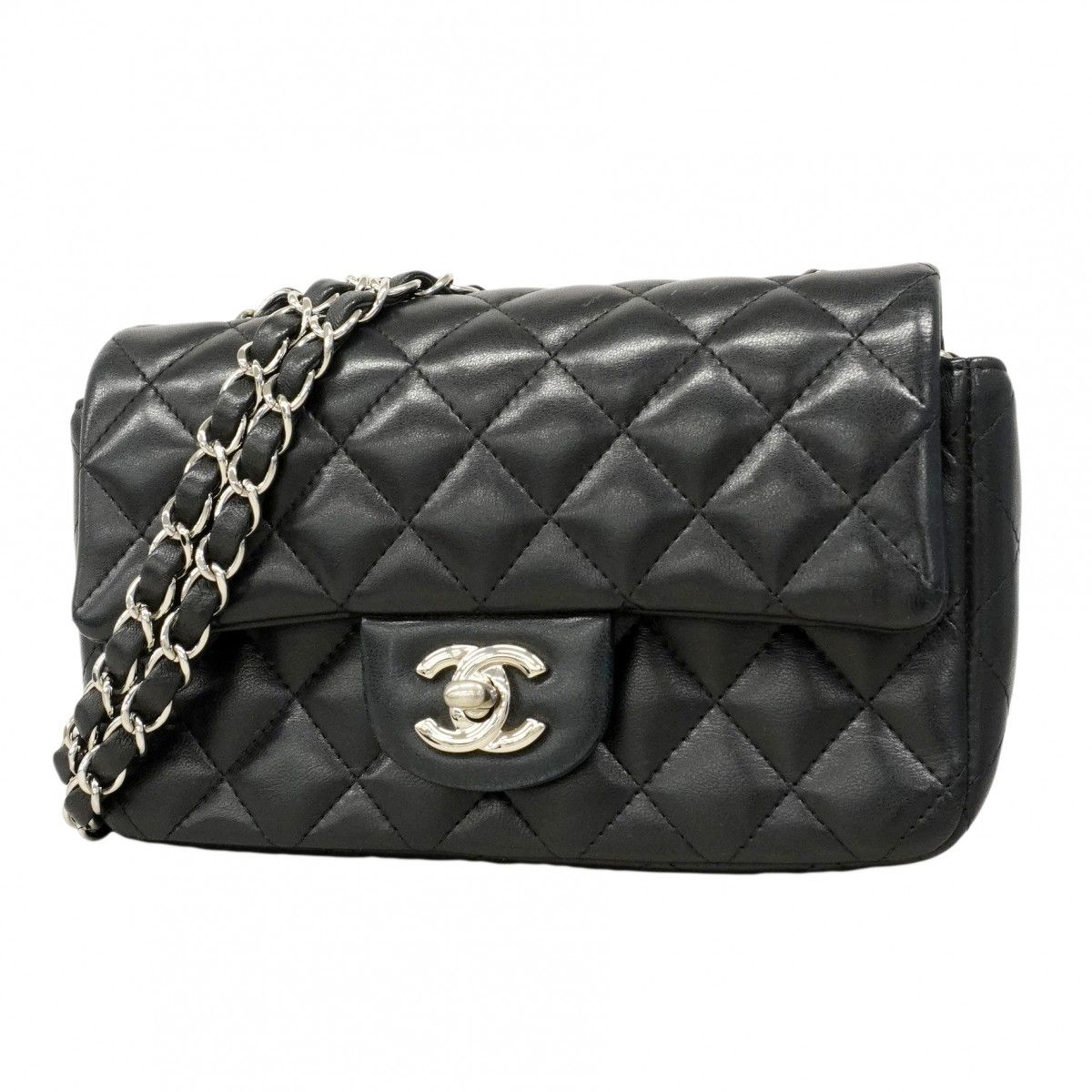 Chanel Shoulder Bag Mini Quilted Lambskin Black Silver