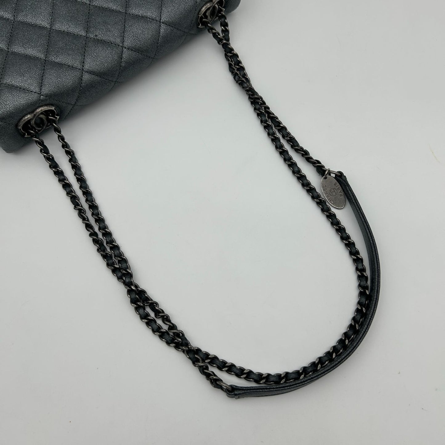 Chanel Quilted Chain Shoulder Bag Gray Silver — view 6