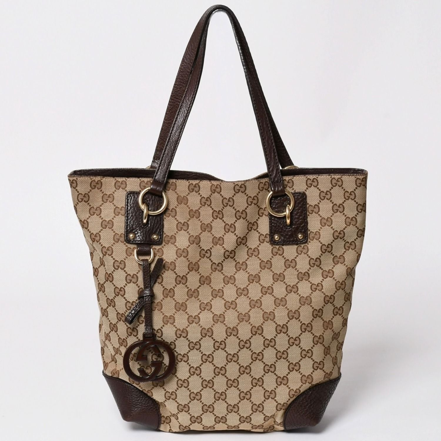 Gucci Beige Brown Gold GG Canvas Leather Tote Shoulder Bag