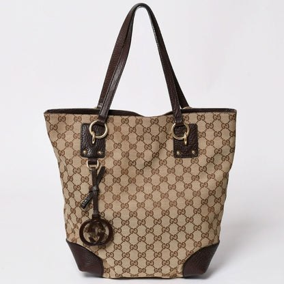 Gucci Beige Brown Gold GG Canvas Leather Tote Shoulder Bag