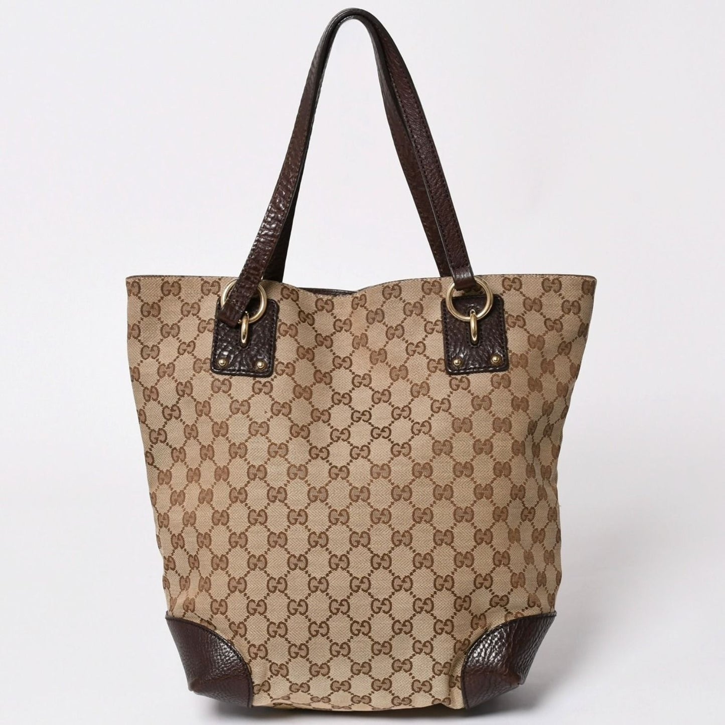 Gucci Beige Brown Gold GG Canvas Leather Tote Shoulder Bag — view 2