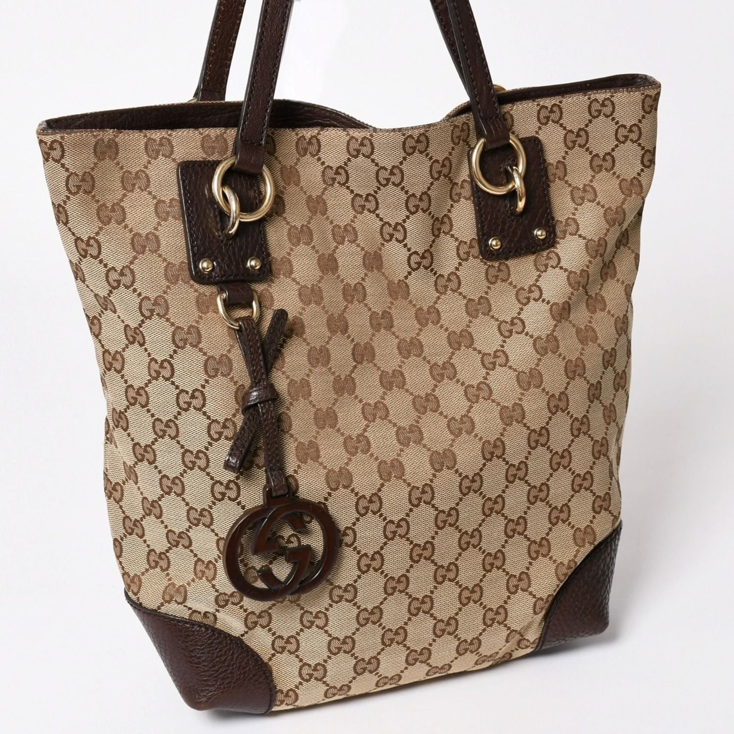 Gucci Beige Brown Gold GG Canvas Leather Tote Shoulder Bag — view 3