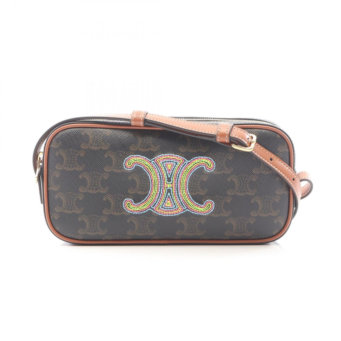 Celine Shoulder Bag Mini Camera Cuir Triomphe Embroidery Black Brown Canvas
