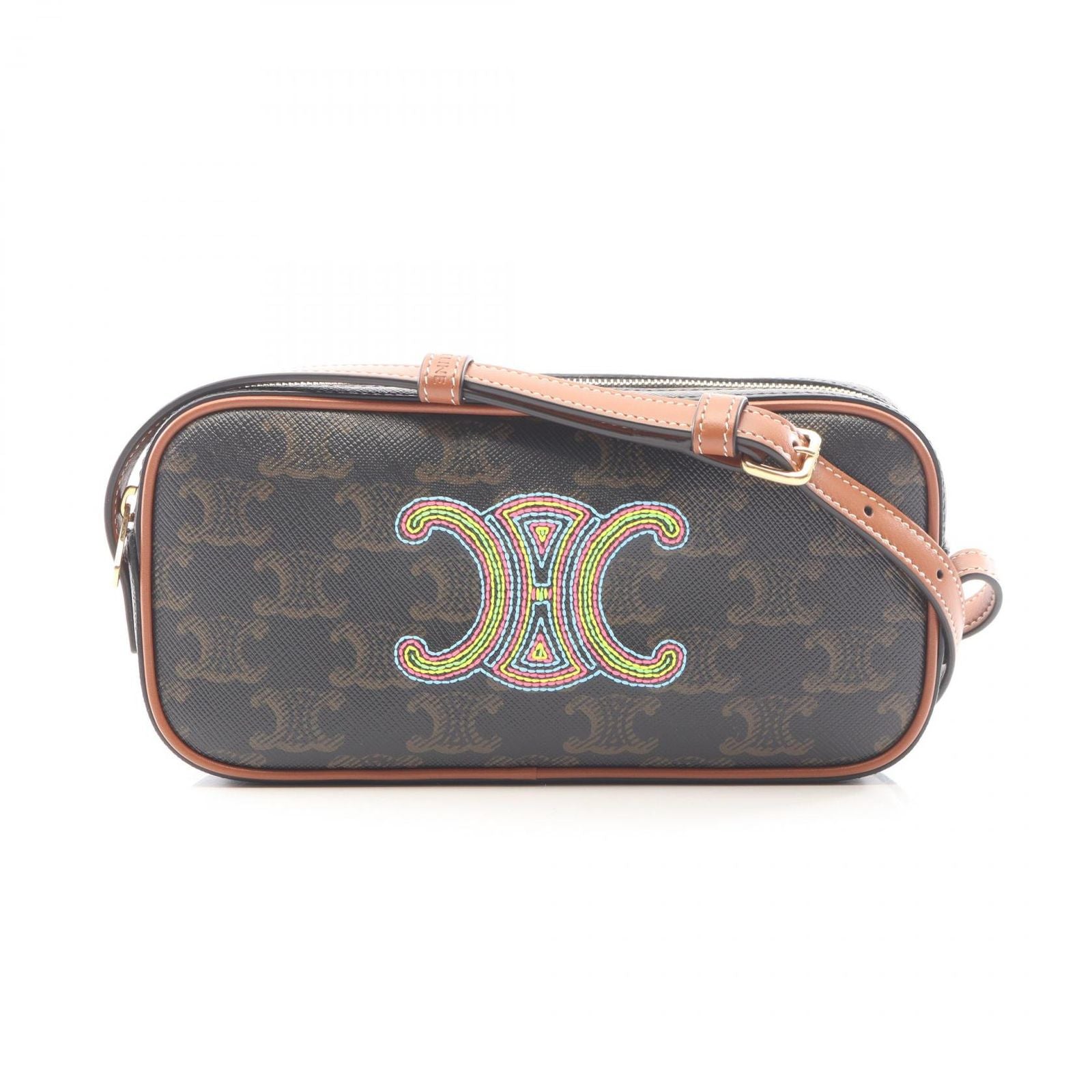 Celine Shoulder Bag Mini Camera Cuir Triomphe Embroidery Black Brown Canvas