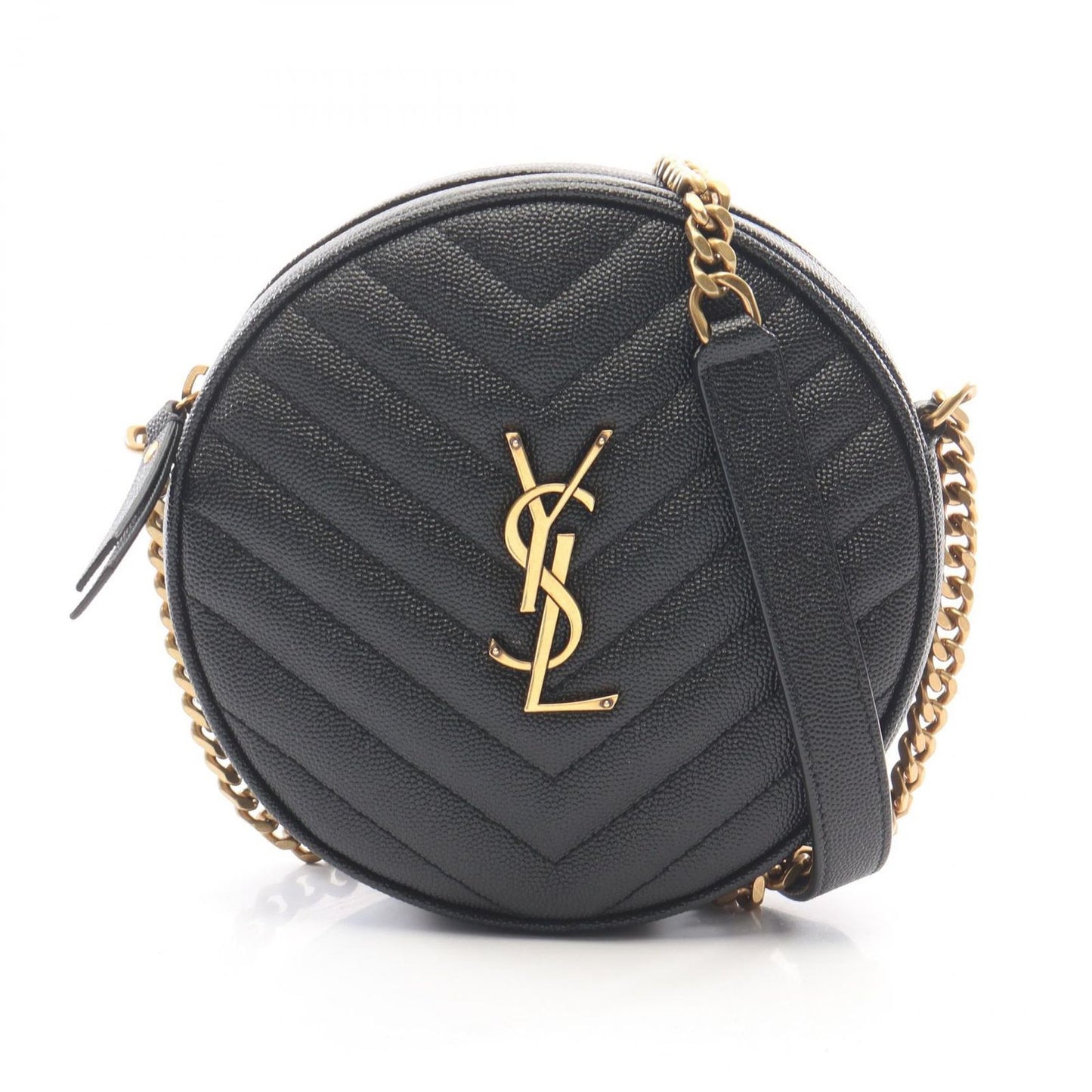 Saint Laurent Shoulder Bag Vinyl Monogram Black Leather Round Chain
