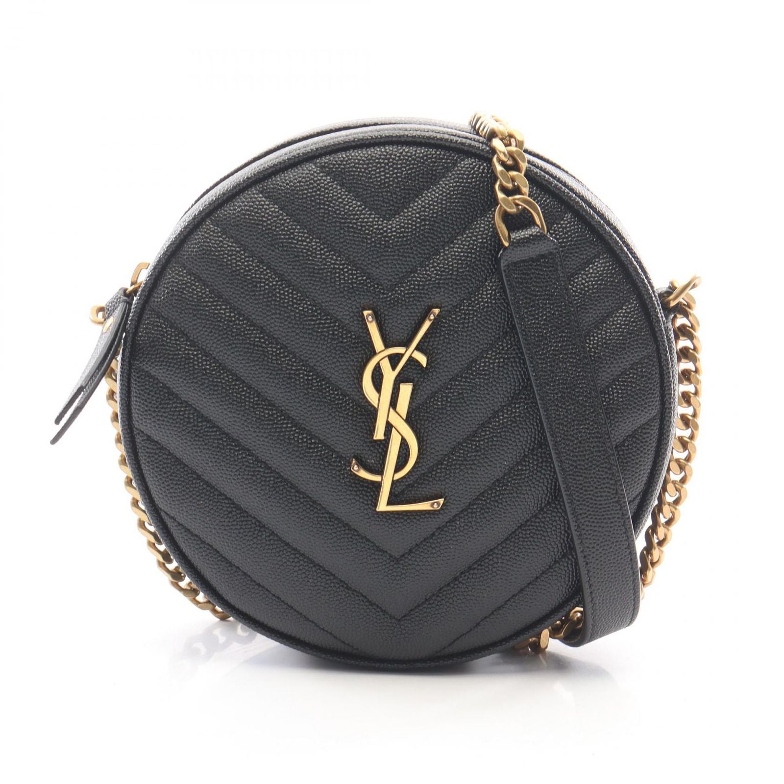 Saint Laurent Shoulder Bag Vinyl Monogram Black Leather Round Chain