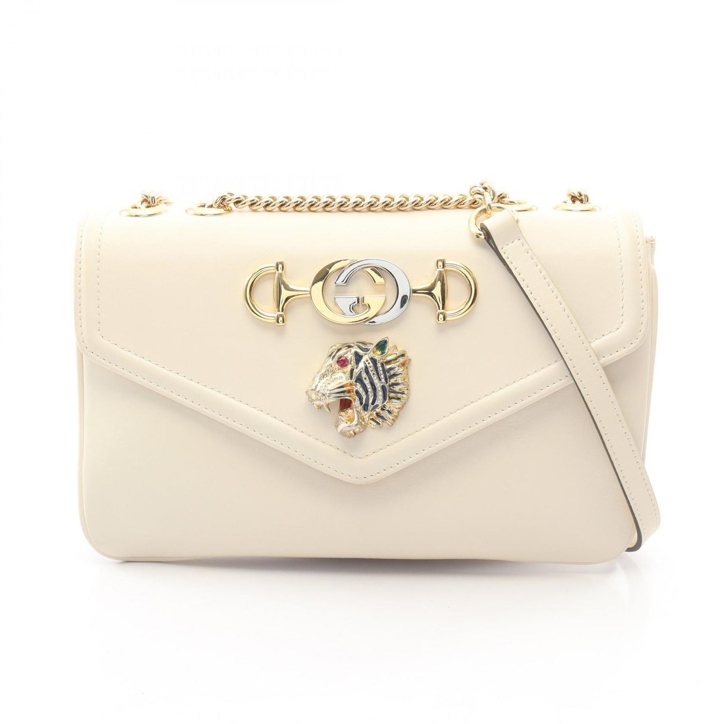 Gucci Shoulder Bag Raja Tiger Head White Leather Chain