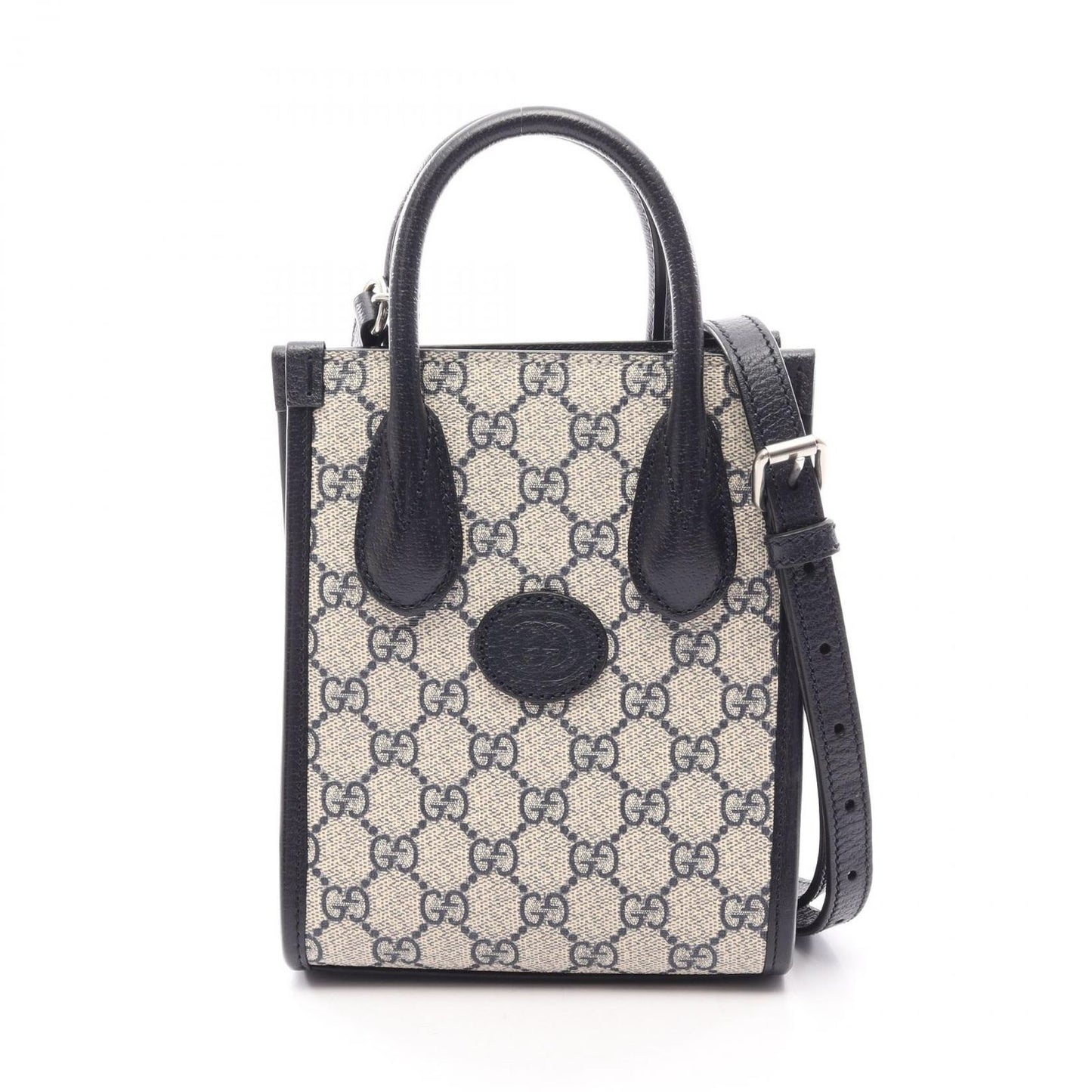 Gucci Handbag Interlocking Mini Tote 2-Way Beige Navy Canvas Leather
