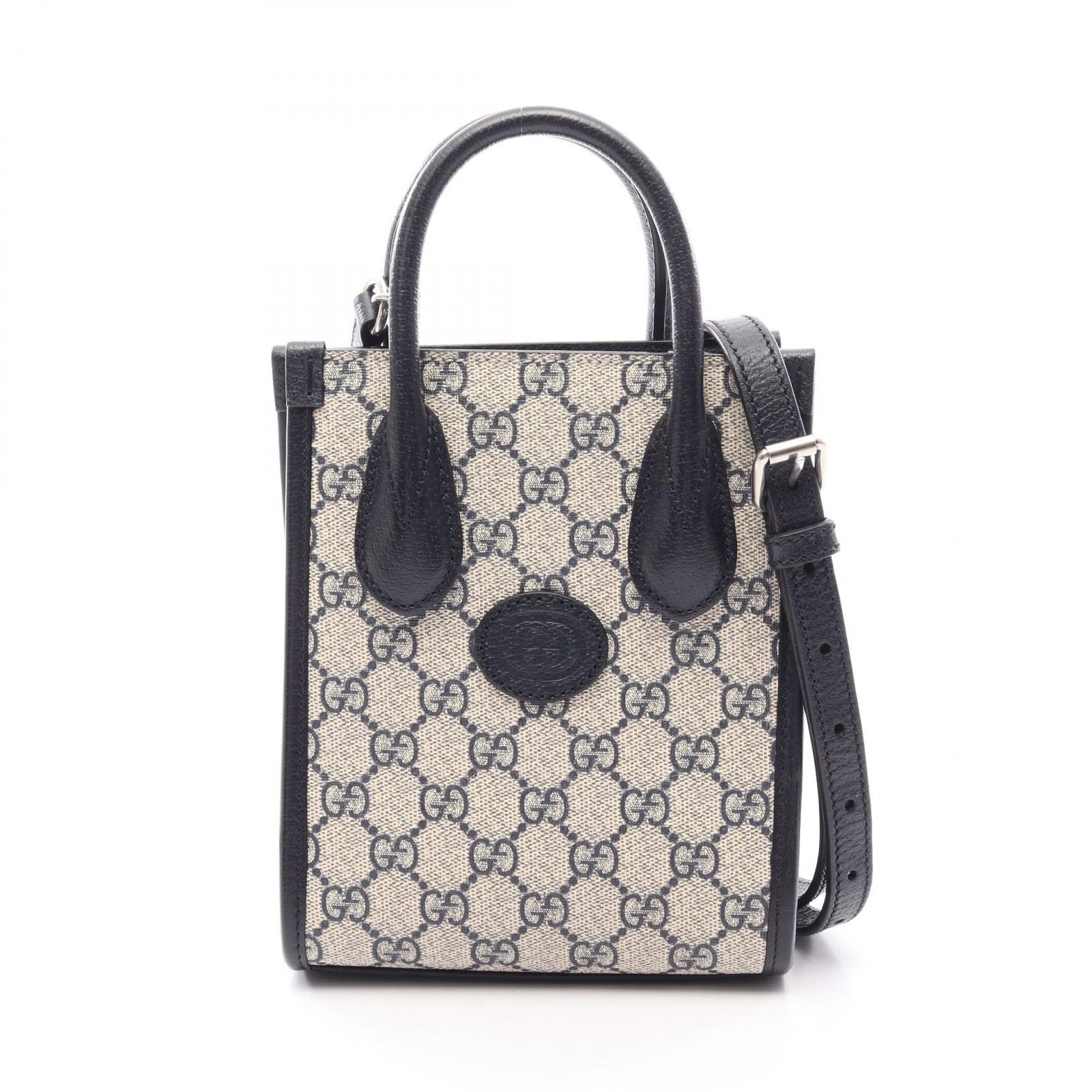 Gucci Handbag Interlocking Mini Tote 2-Way Beige Navy Canvas Leather