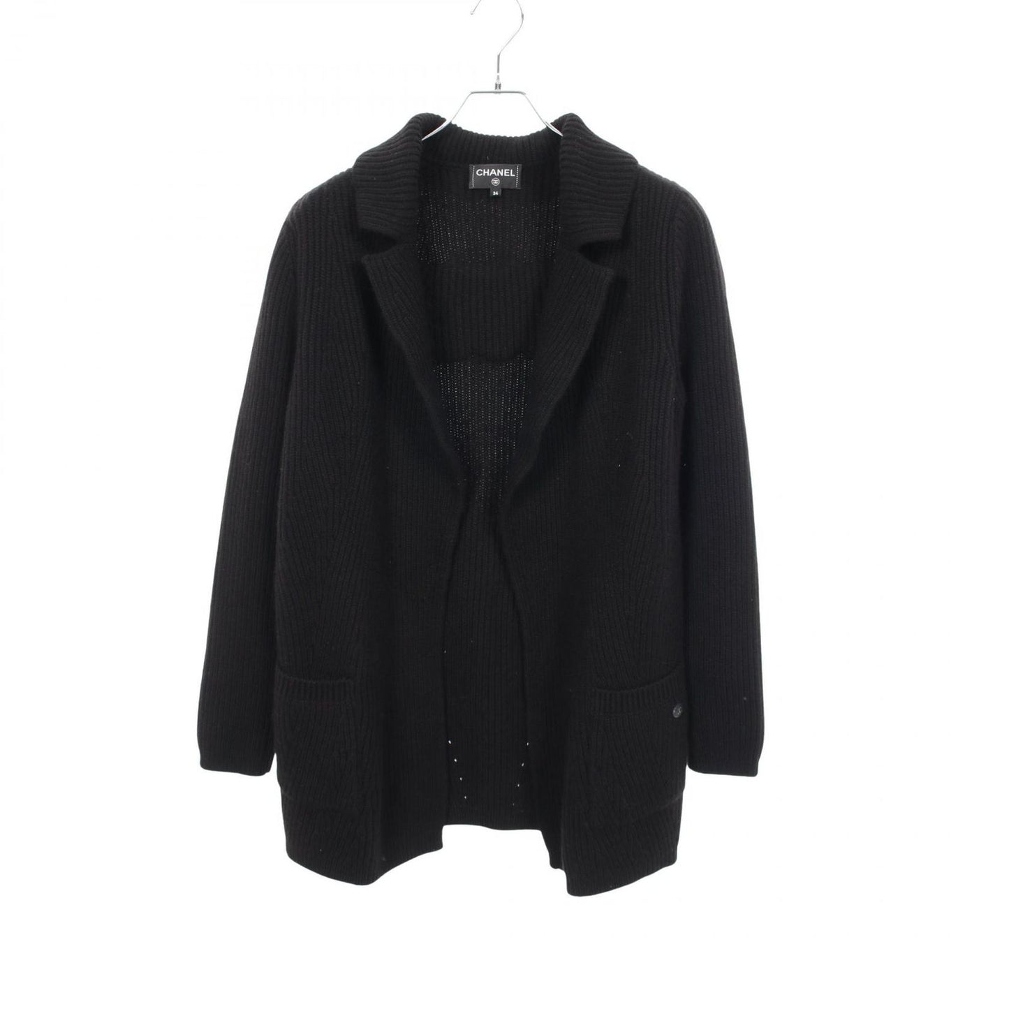 Chanel CC Logo Button Knit Black Cashmere Long Jacket