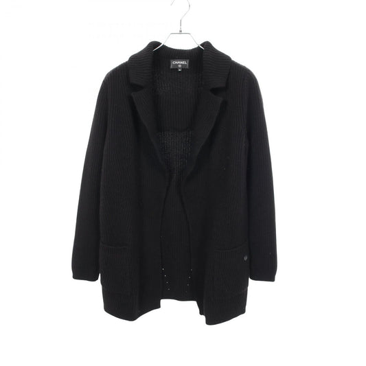 Chanel CC Logo Button Knit Black Cashmere Long Jacket