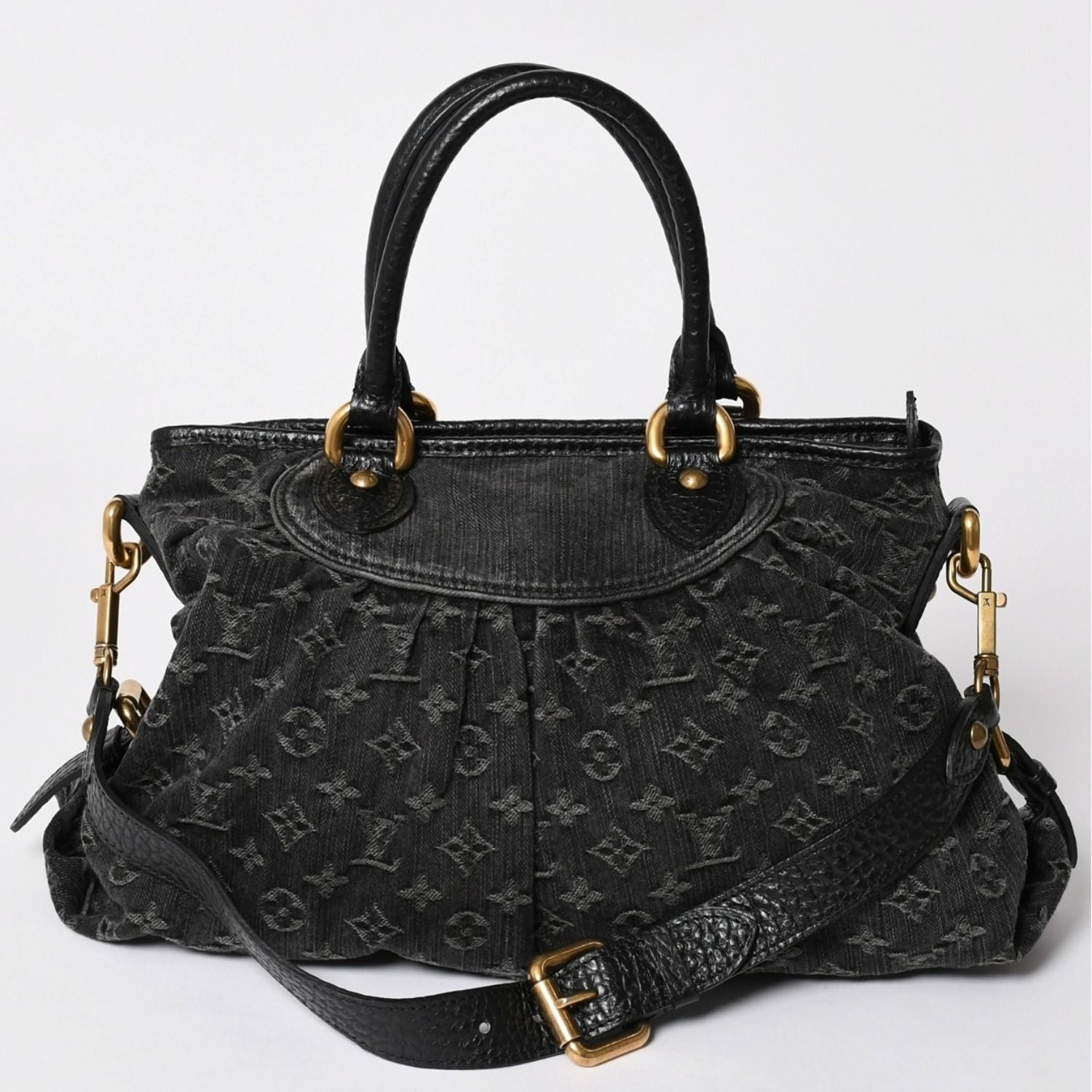 Louis Vuitton Shoulder Bag Slightly Monogram Denim Black Gold