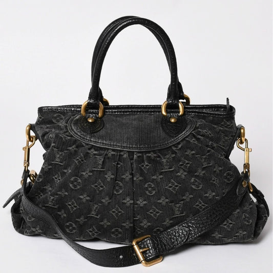 Louis Vuitton Shoulder Bag Slightly Monogram Denim Black Gold