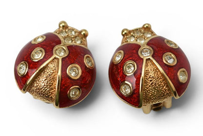 Dior Earrings Vintage Rhinestone Ladybird Red Gold