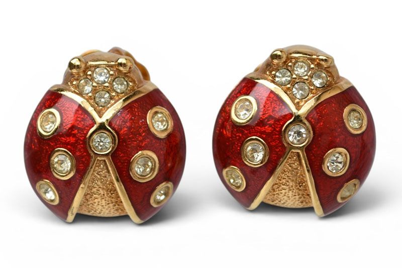Dior Earrings Vintage Rhinestone Ladybird Red Gold — view 5