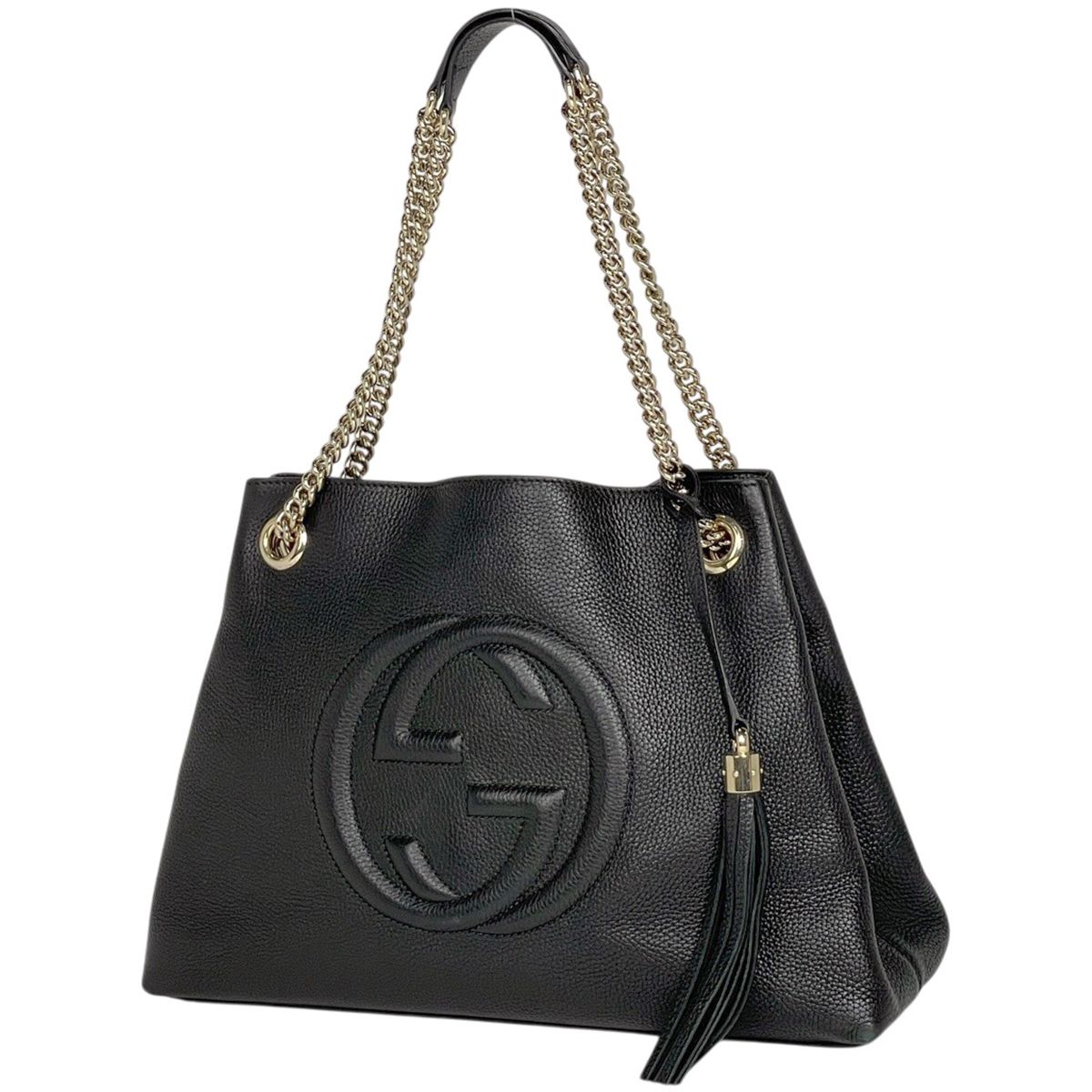 Gucci Soho Chain Shoulder Bag Fringe Tassel Interlocking Leather Black