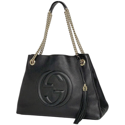 Gucci Soho Chain Shoulder Bag Fringe Tassel Interlocking Leather Black
