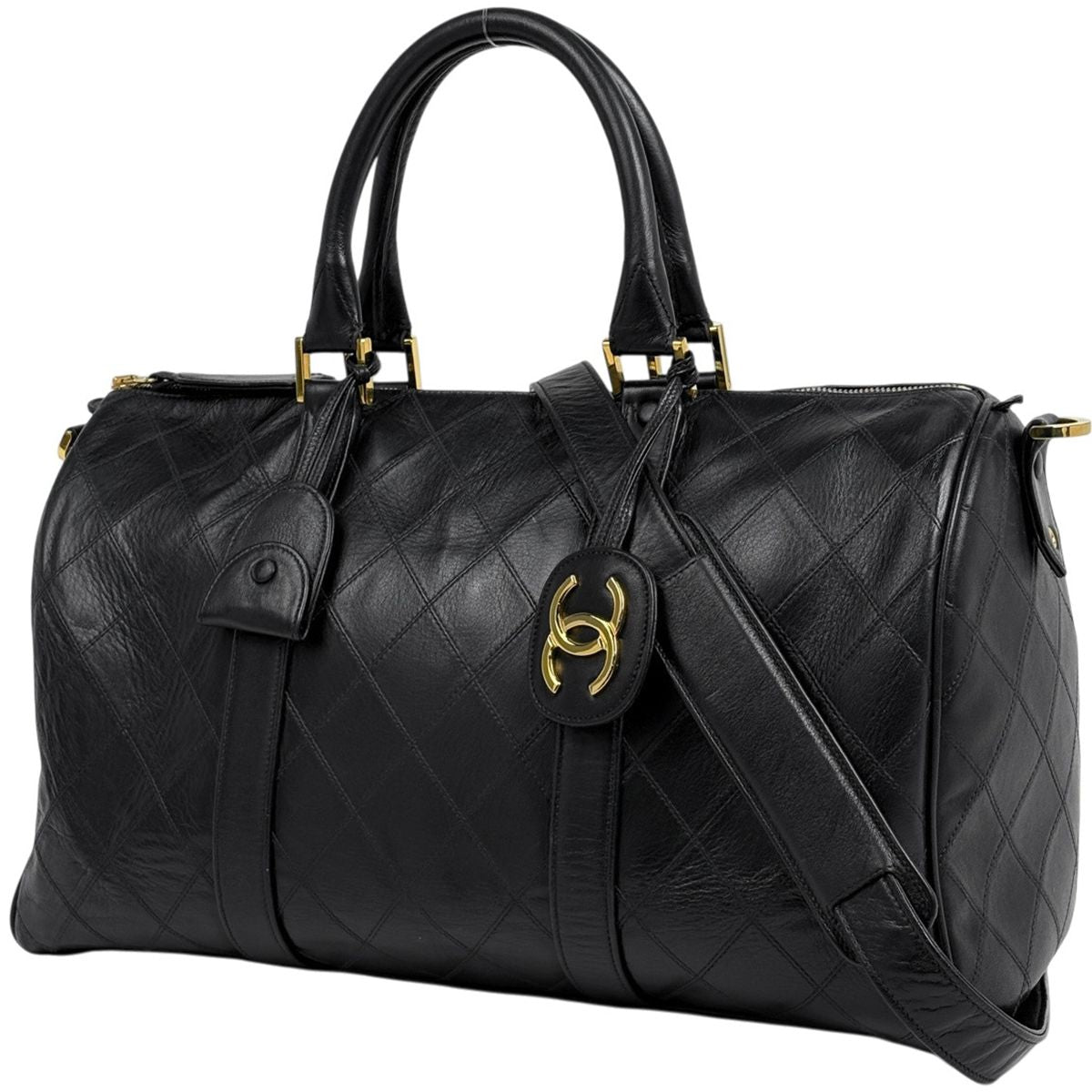 Chanel Bicolor Boston Bag 2-Way Quilted Leather Black