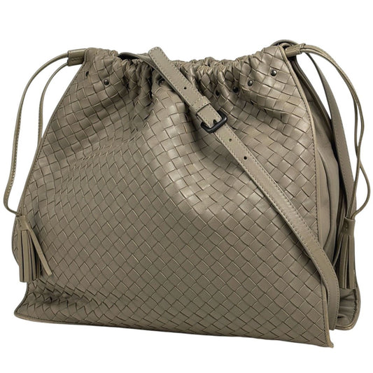 Bottega Veneta Intrecciato Shoulder Bag Drawstring Leather Gray