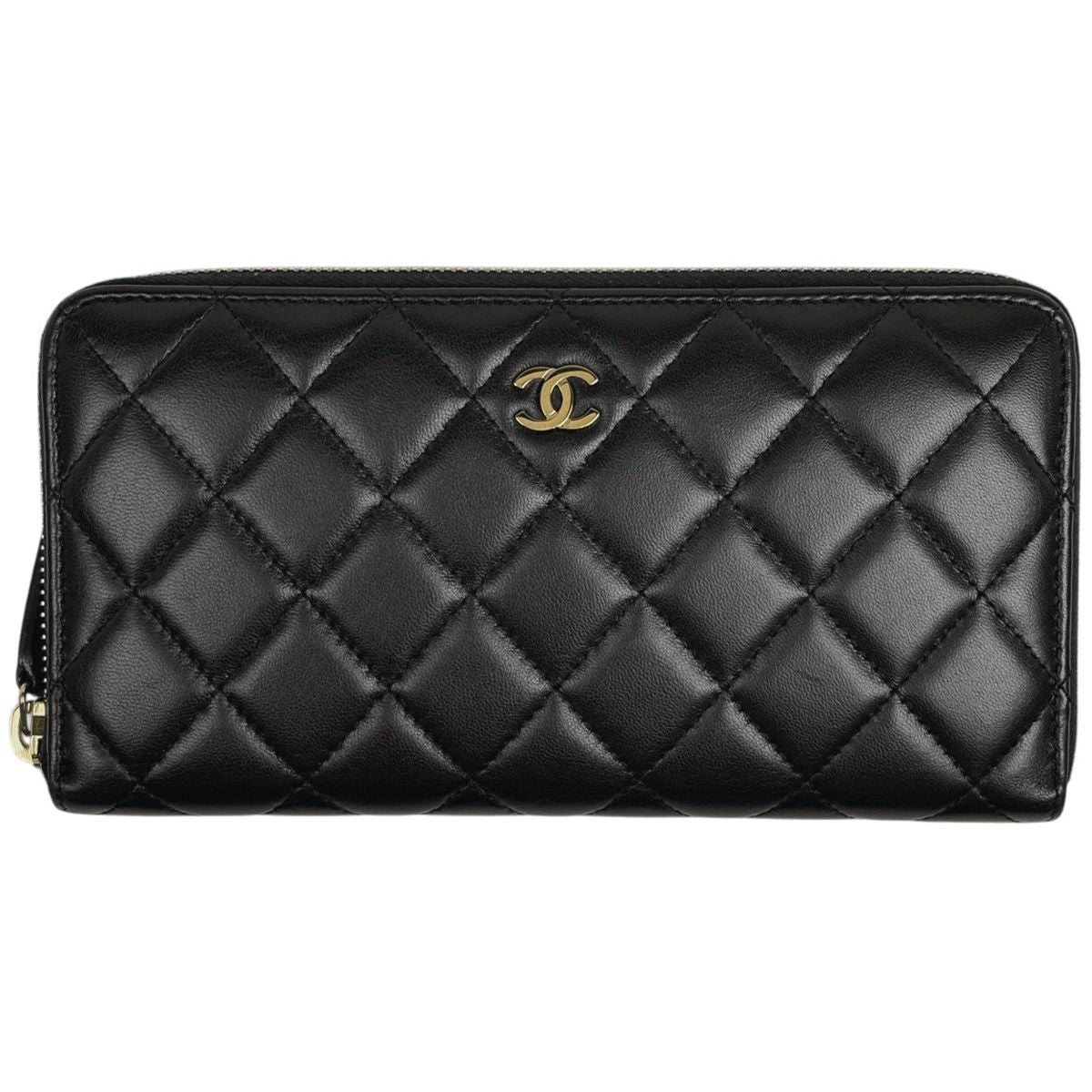 Chanel CC Logo Zip Around Wallet Quilted Leather Black
