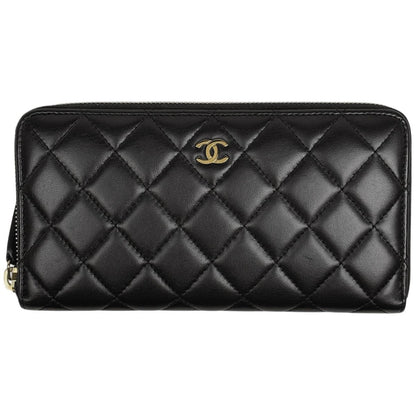 Chanel CC Logo Zip Around Wallet Quilted Leather Black