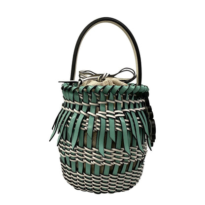 Loewe Fringe Bucket Bag Small Light Green White Basket Leather