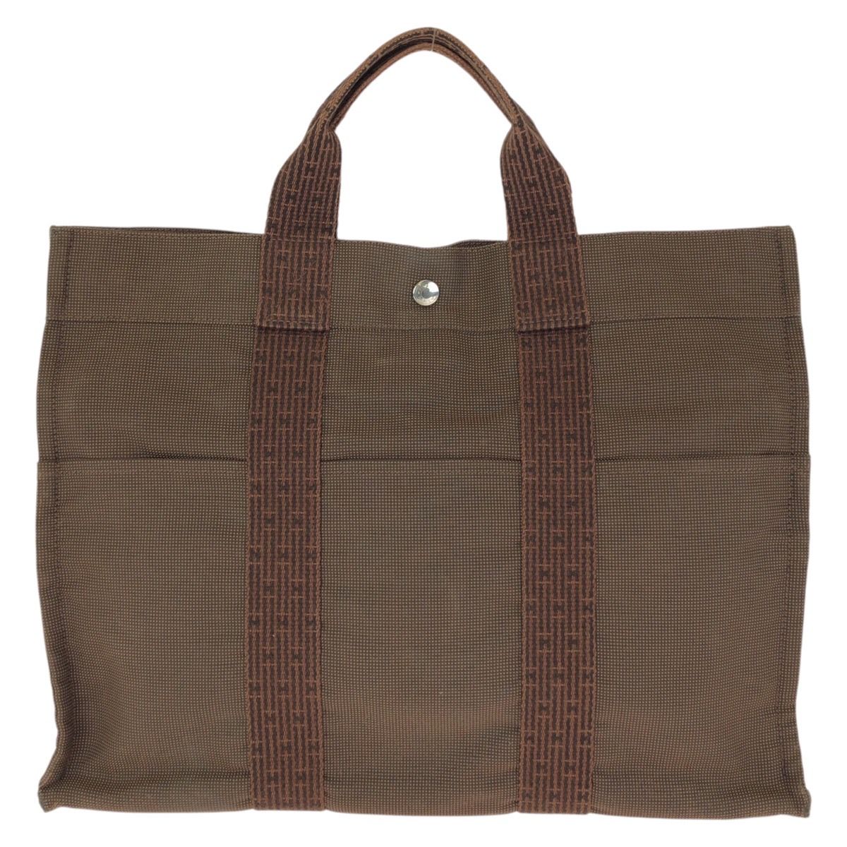 Hermes Her Line MM Brown Silver Polyamide Polyester Tote