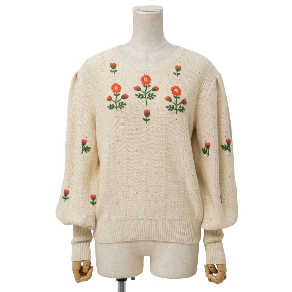 Gucci Knit XS Balloon Sleeve Sweater Flower Embroidery