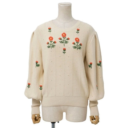 Gucci Knit XS Balloon Sleeve Sweater Flower Embroidery