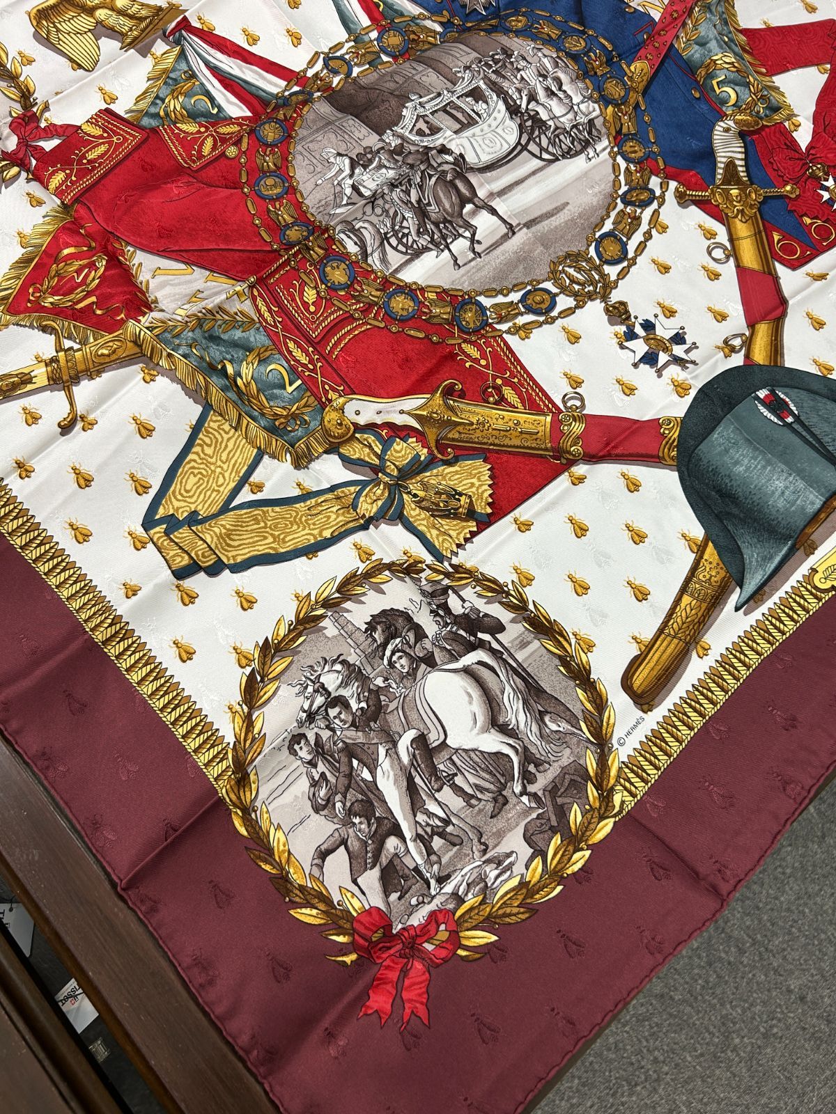 Hermes Carre 90 Napoleon Wine Red Gold Multi Color Silk Scarf — view 4