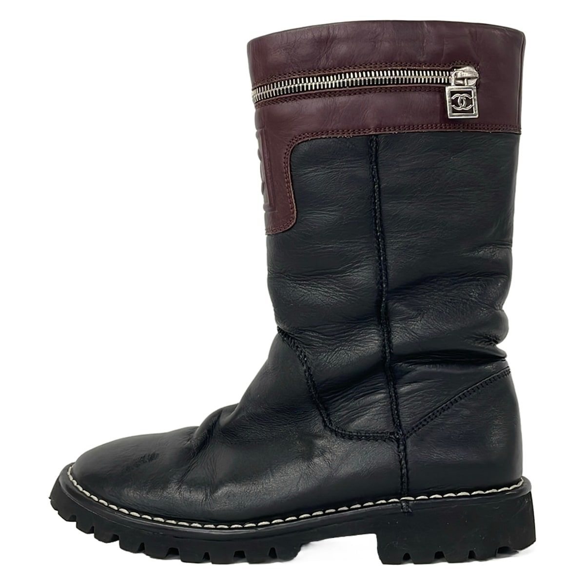 Chanel Short Boots 38 Black Bordeaux Embossed CC Logo Coco Leather
