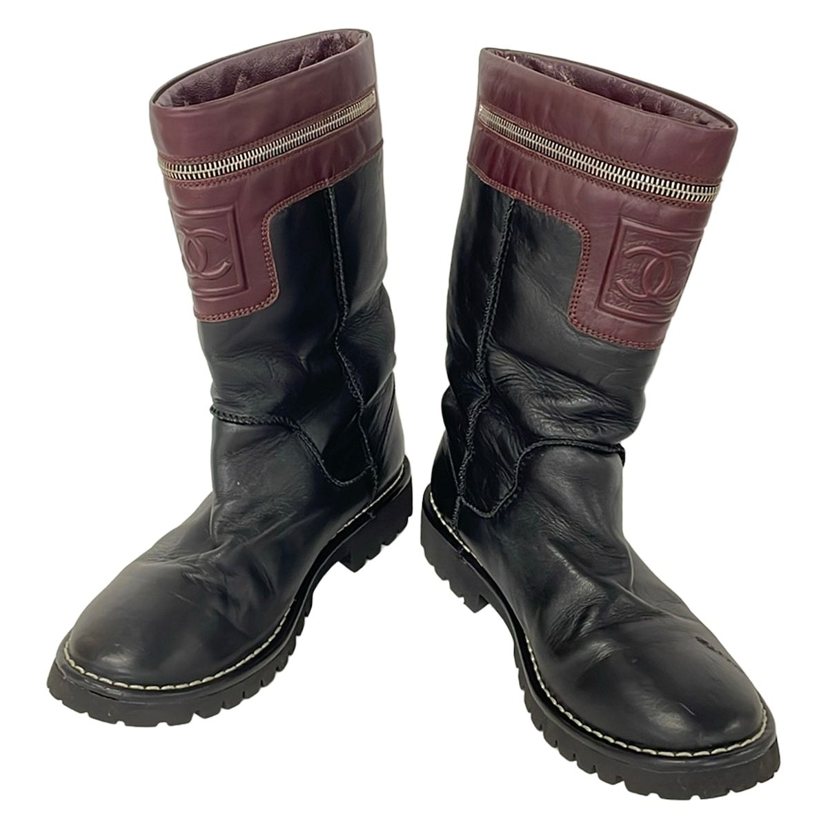 Chanel Short Boots 38 Black Bordeaux Embossed CC Logo Coco Leather — view 2