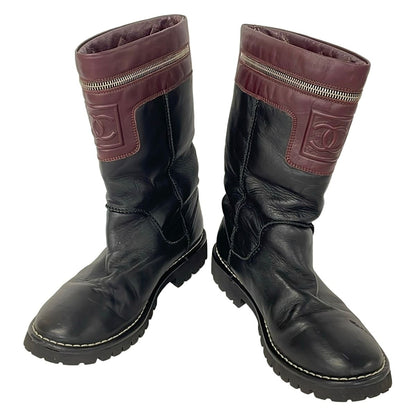 Chanel Short Boots 38 Black Bordeaux Embossed CC Logo Coco Leather — view 2