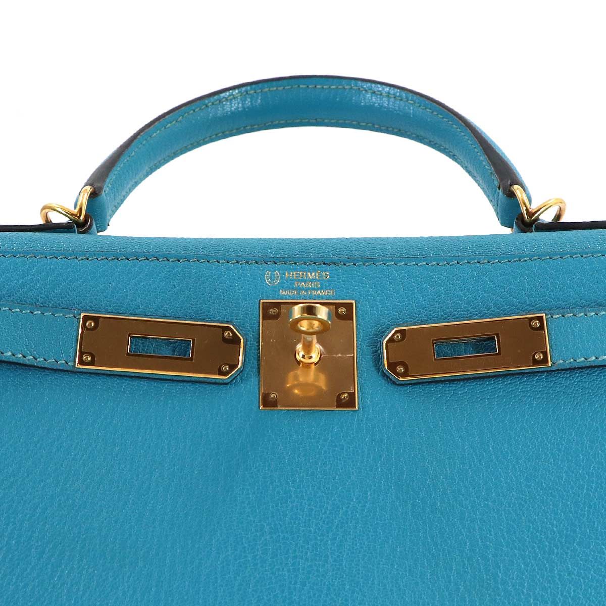 Hermes Kelly 28 Personal Chevre Blue Aztec Grimuet 2-Way Hand — view 8