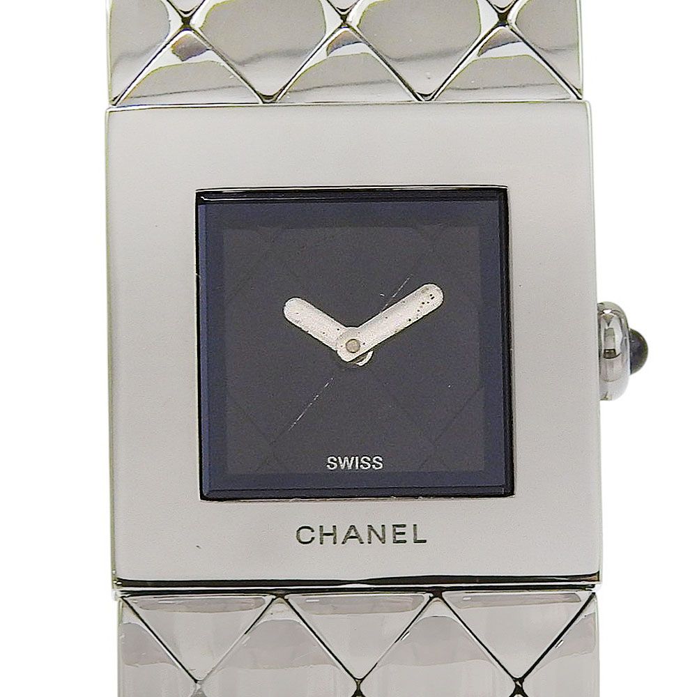 Chanel Quilted Stainless Steel Kuo Analog Display Black Dial Watch