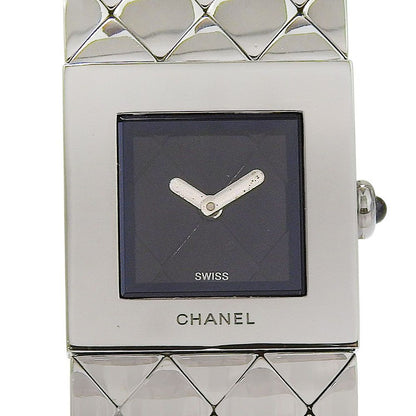 Chanel Quilted Stainless Steel Kuo Analog Display Black Dial Watch