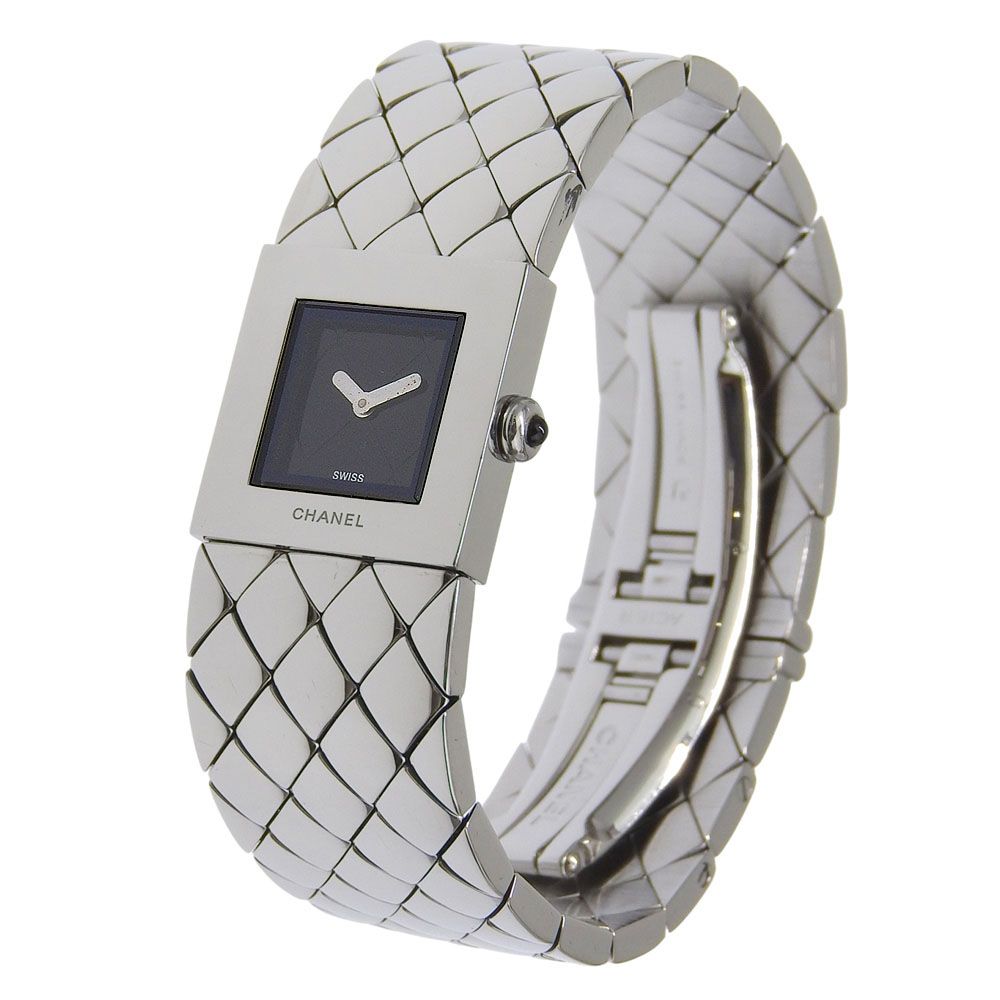 Chanel Quilted Stainless Steel Kuo Analog Display Black Dial Watch — view 2
