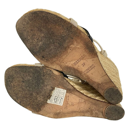 Hermes Sandals 37 Ivory Brown Black Wedge Sole Leather — view 4