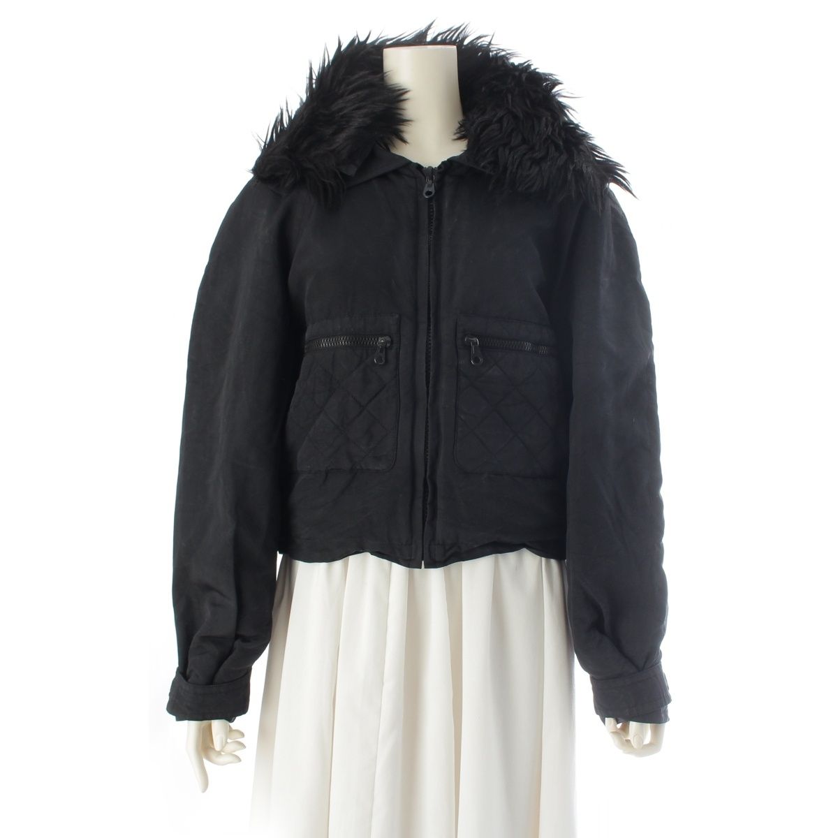 Chanel Silk Fur Collar Quilted Jacket Logo Black 44