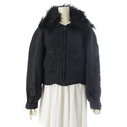 Chanel Silk Fur Collar Quilted Jacket Logo Black 44