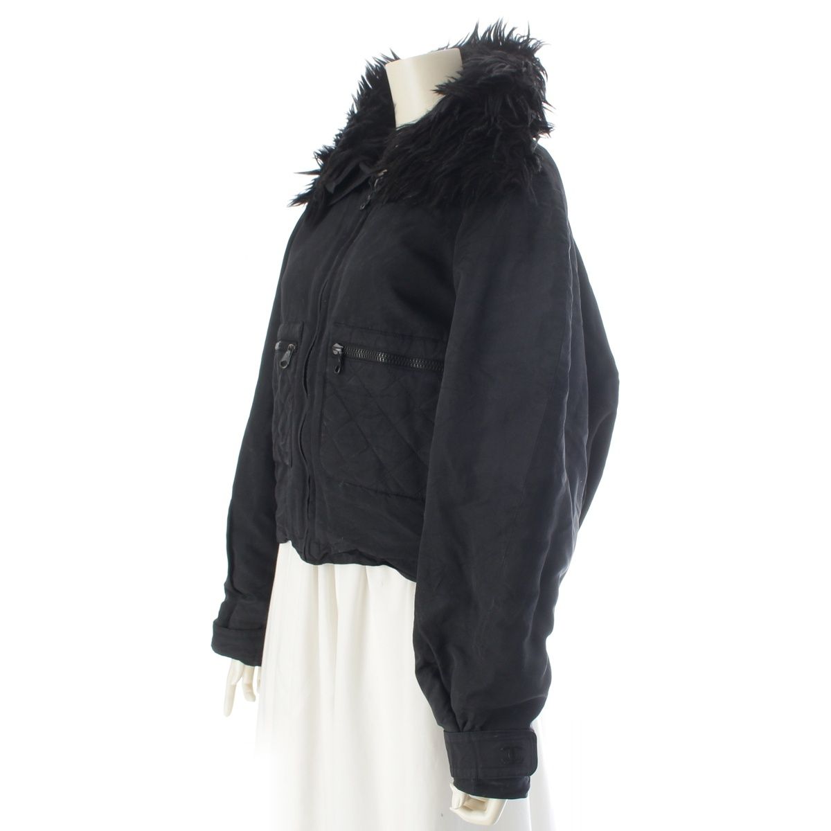 Chanel Silk Fur Collar Quilted Jacket Logo Black 44 — view 2