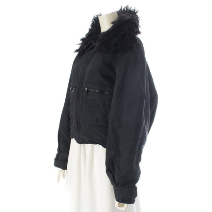 Chanel Silk Fur Collar Quilted Jacket Logo Black 44 — view 2