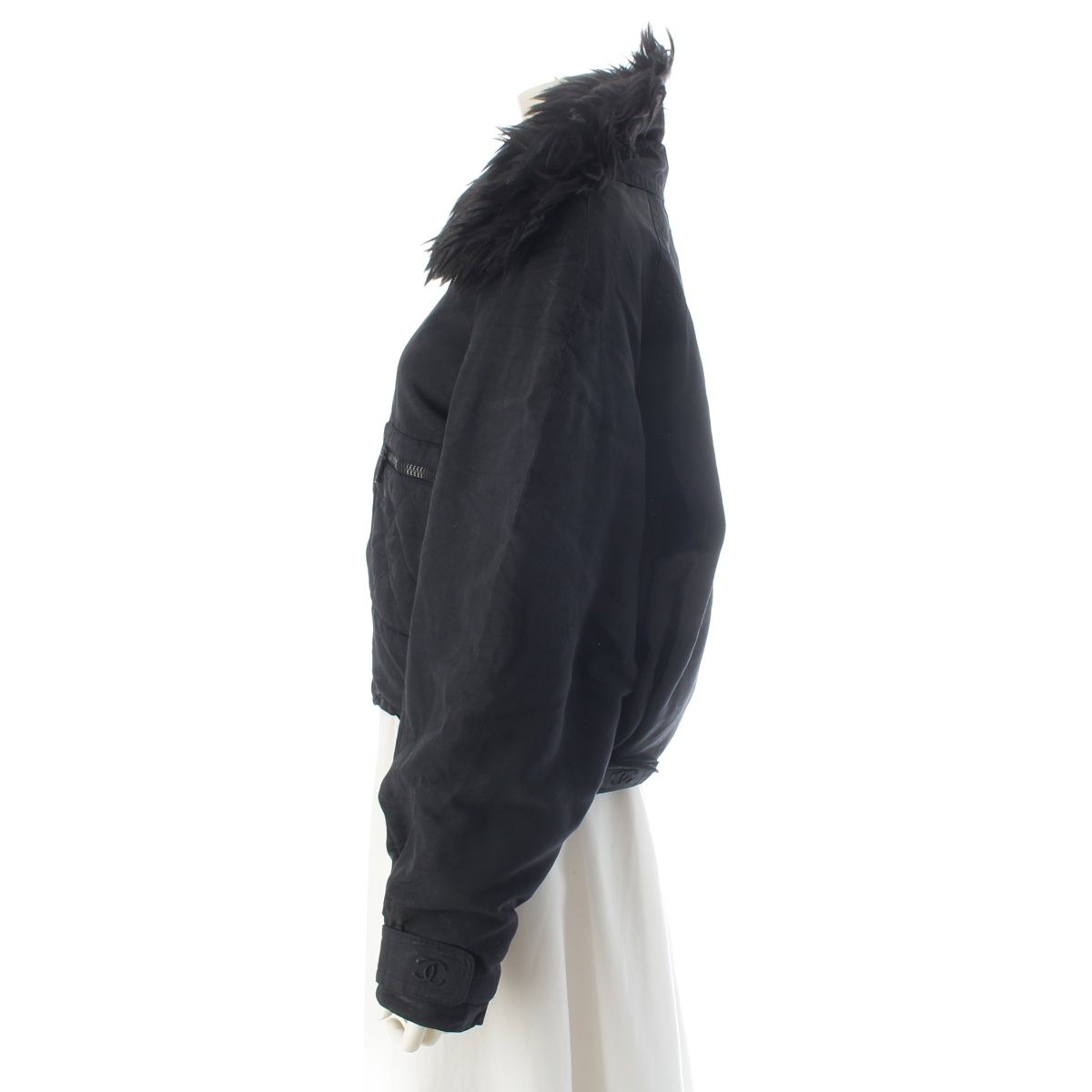 Chanel Silk Fur Collar Quilted Jacket Logo Black 44 — view 3