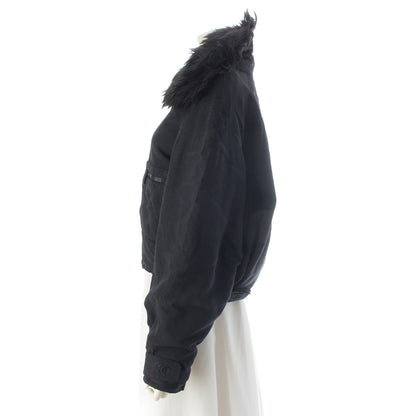 Chanel Silk Fur Collar Quilted Jacket Logo Black 44 — view 3