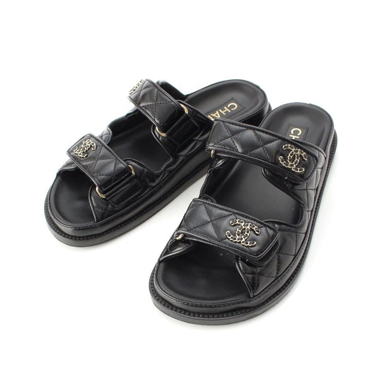 Chanel CC Logo Quilted Velcro Sandals Black 36c