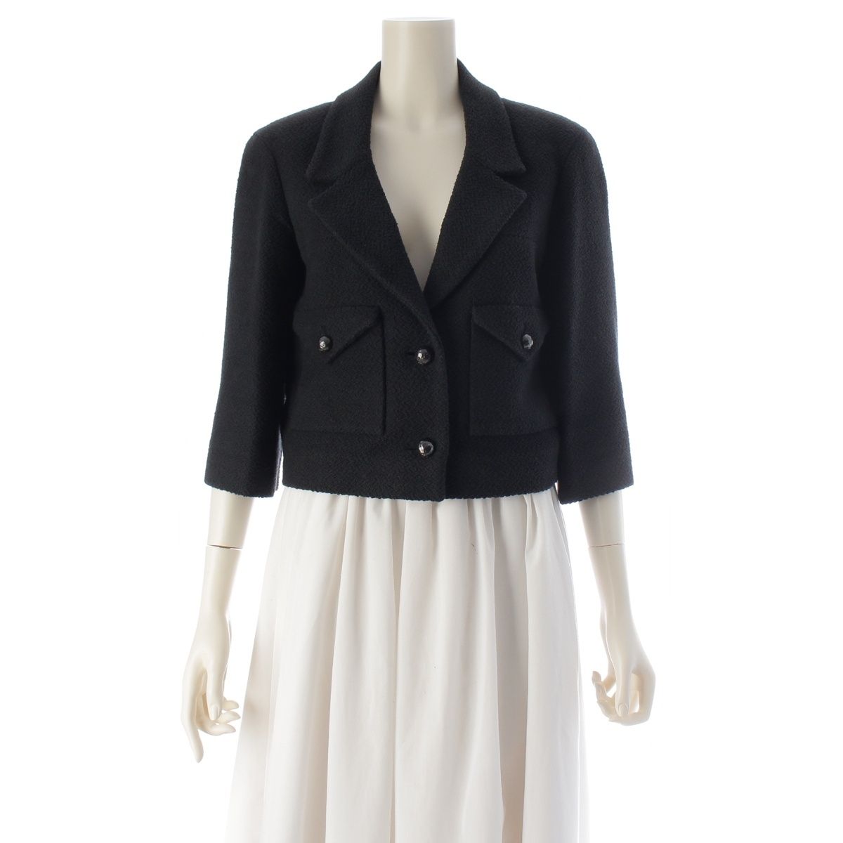 Chanel Cotton Silk CC Logo Coco Button Cropped Tailored Jacket Top Black 36